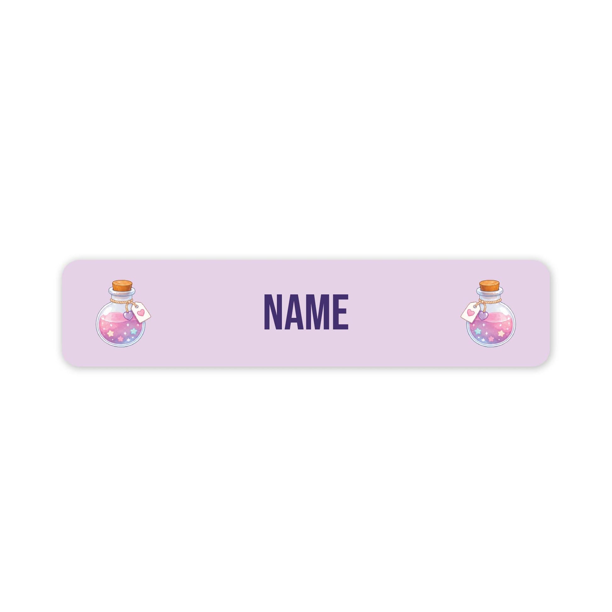 A personalised rectangular label with rounded corners, featuring a light lavender background, the word 'NAME' in dark purple text in the centre, and two cartoon potion bottles on the left and right sides.