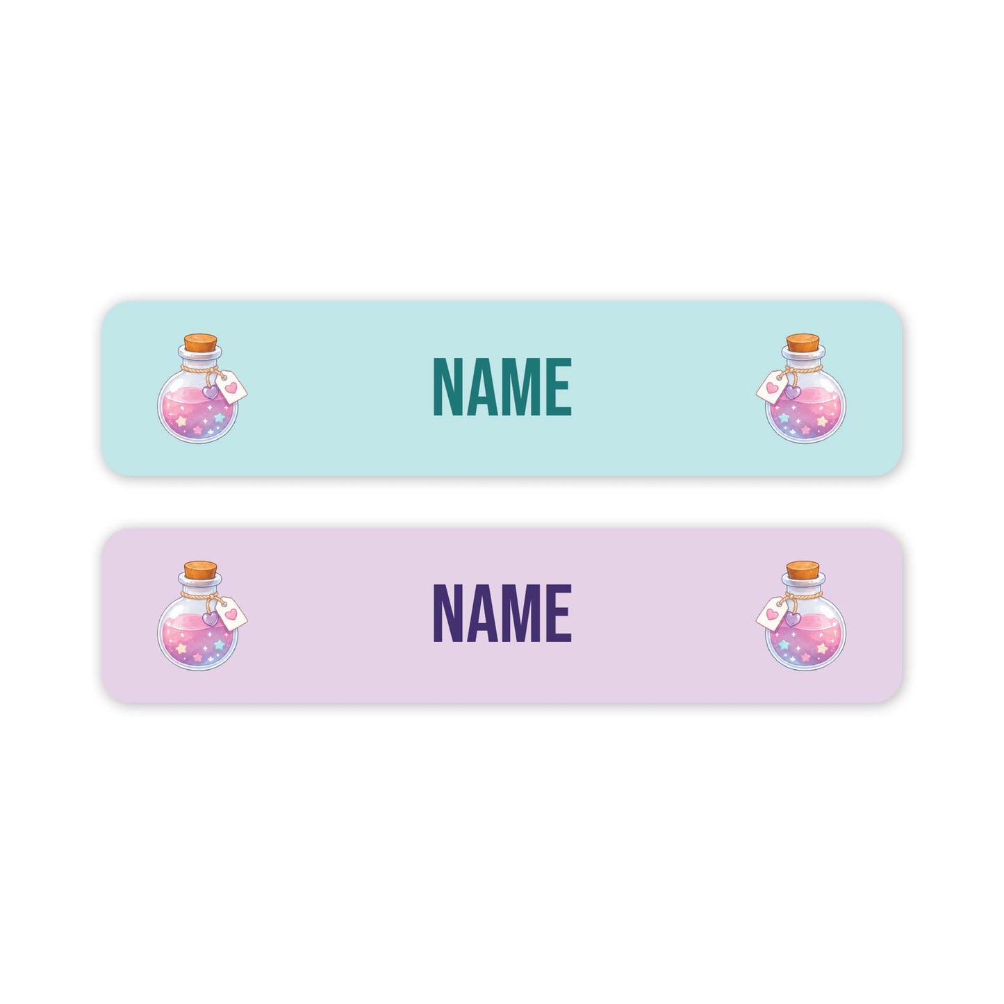 Two horizontal rectangular labels on a white background. The top label is light aqua with the word NAME in teal and small potion bottle illustrations on both ends.
