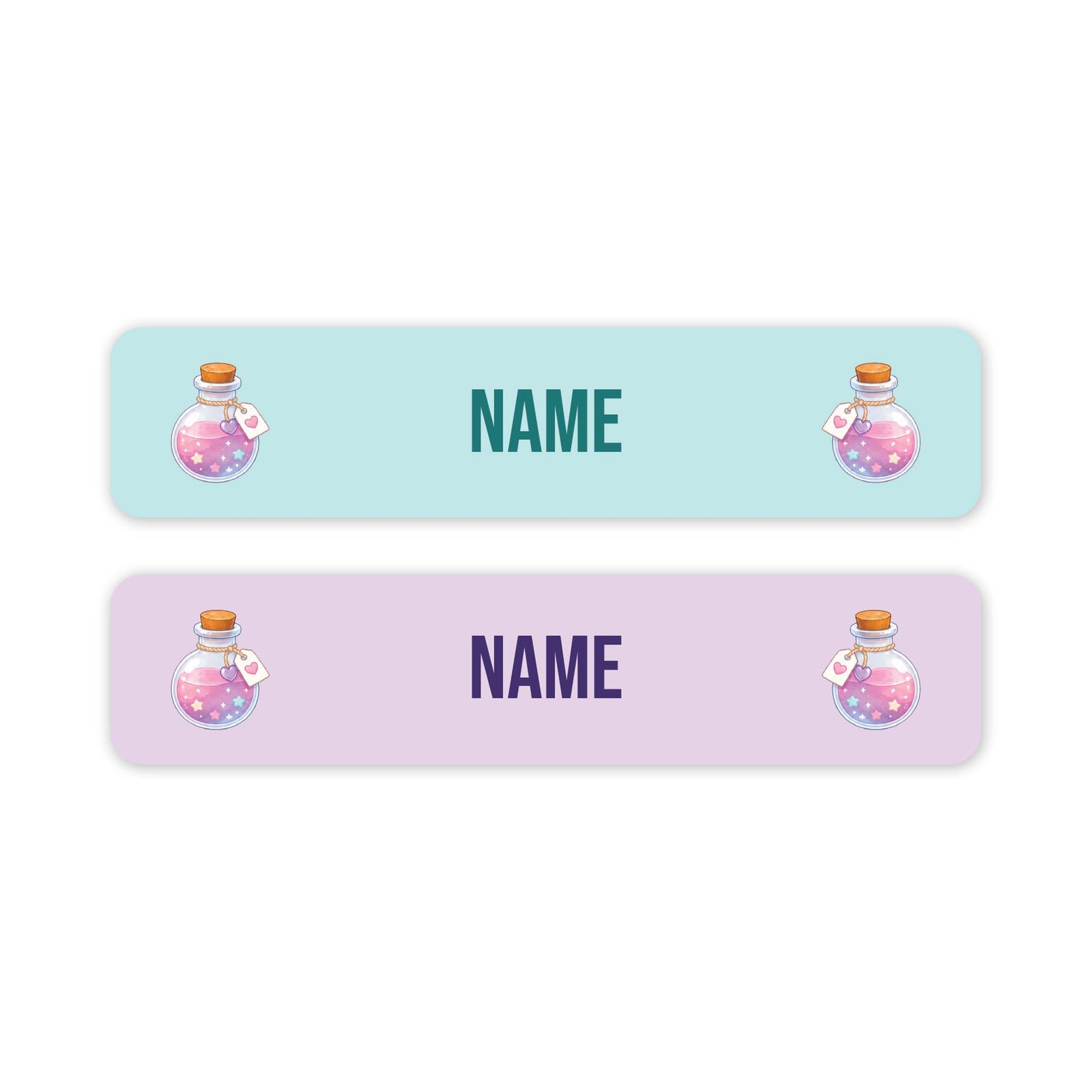Two horizontal rectangular labels on a white background. The top label is light aqua with the word NAME in teal and small potion bottle illustrations on both ends.