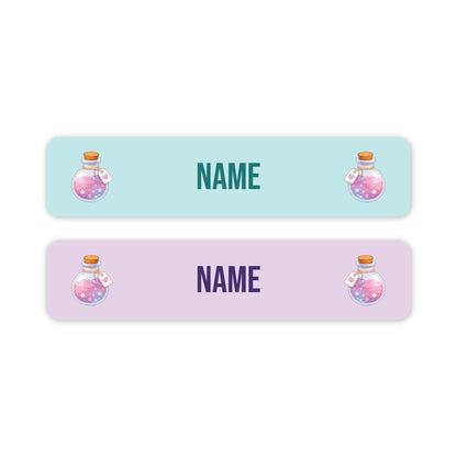 Two horizontal rectangular labels on a white background. The top label is light aqua with the word NAME in teal and small potion bottle illustrations on both ends.