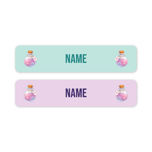 Two horizontal rectangular labels on a white background. The top label is light aqua with the word NAME in teal and small potion bottle illustrations on both ends.