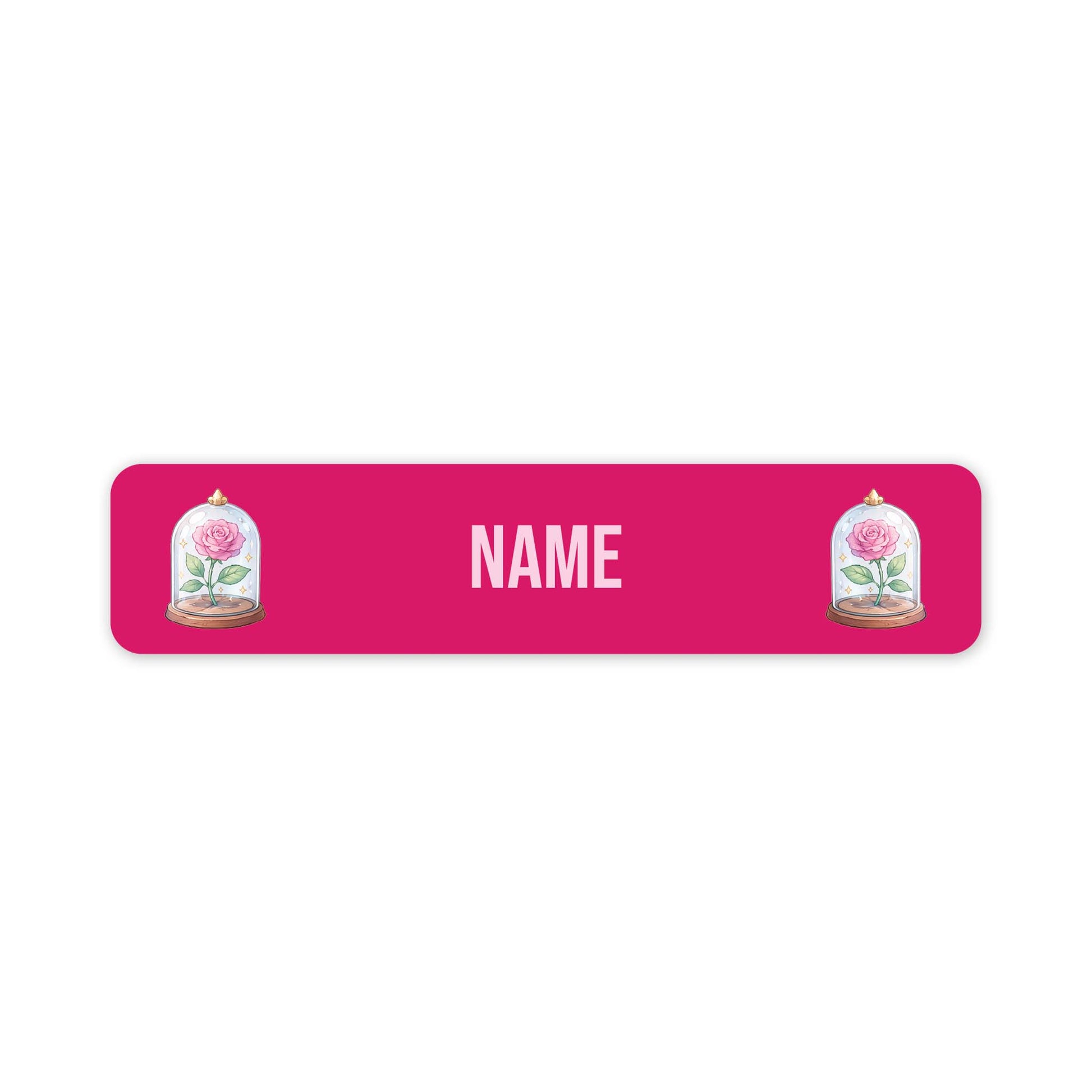 A pink rectangular personalised name plaque with rounded corners, featuring the word 'NAME' in light pink letters in the centre and an illustration of a pink rose under a glass cloche on each side.