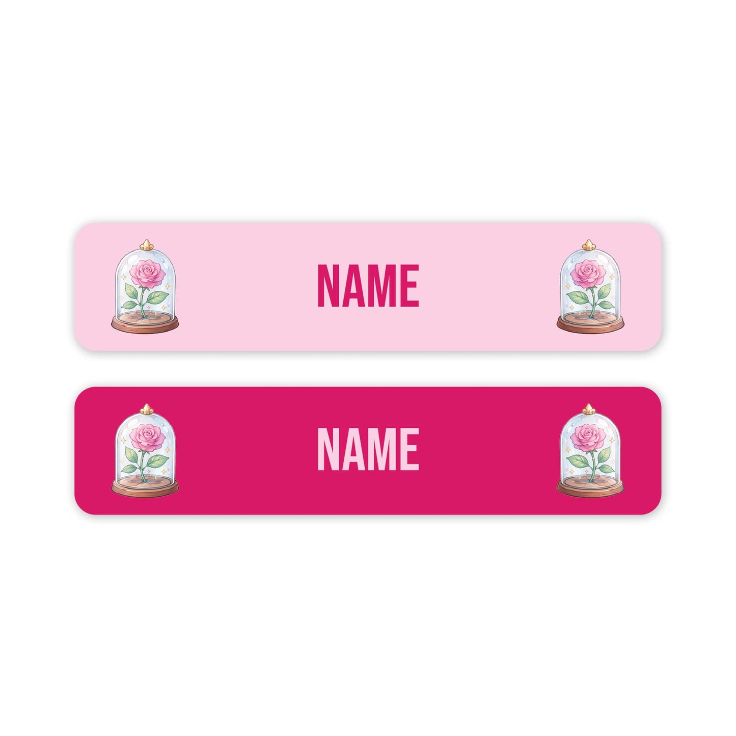 Two horizontal rectangular name labels on a white background. The top label is light pink with the word 'NAME' in pink and pink lettering, flanked by illustrations of pink roses under glass domes.
