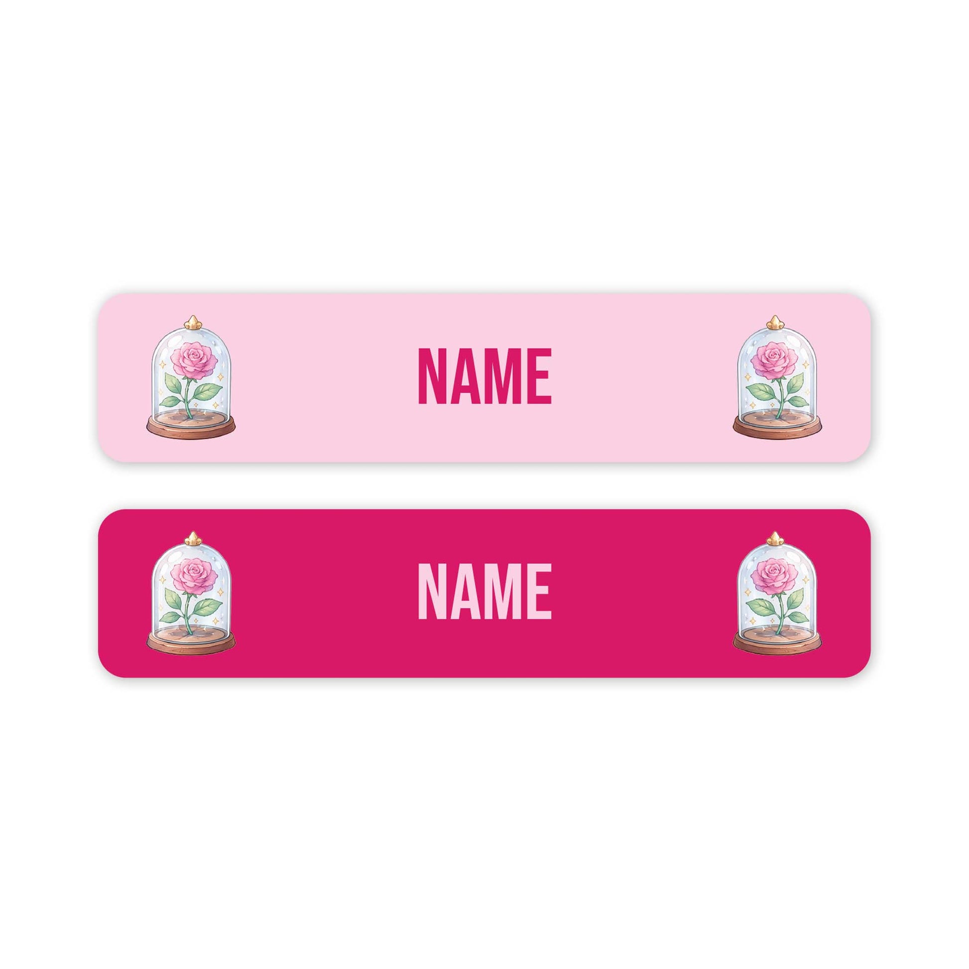 Two horizontal rectangular name labels on a white background. The top label is light pink with the word 'NAME' in pink and pink lettering, flanked by illustrations of pink roses under glass domes.