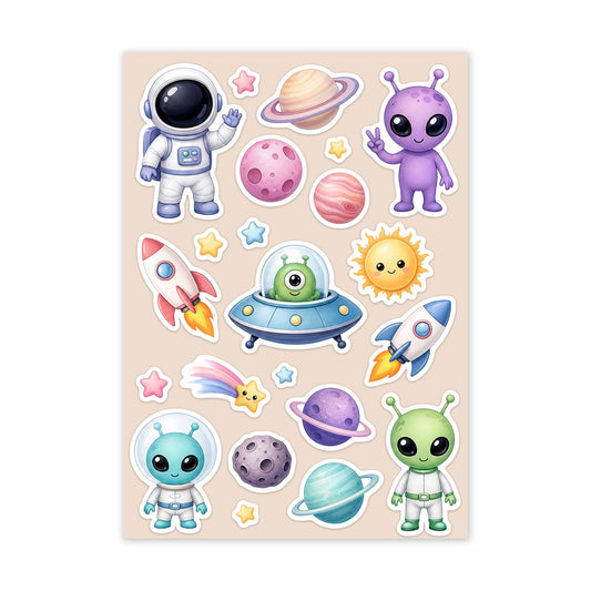 Sticker sheet with space-themed characters including astronauts, aliens, rockets, and planets on a beige background.
