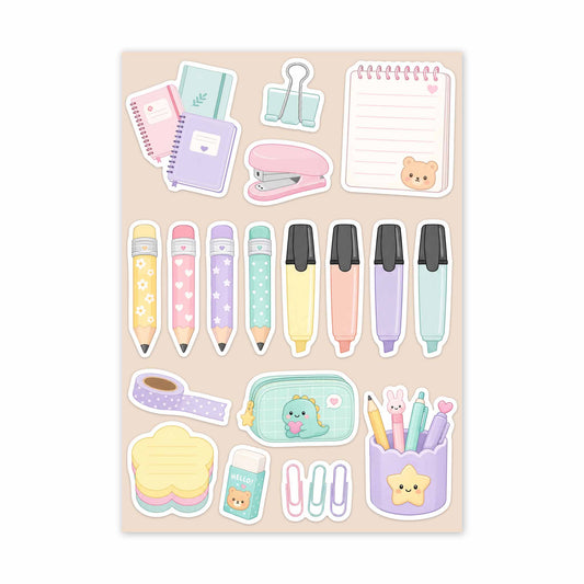 A sheet of cute pastel stationery stickers on a light beige background, including pencils, highlighters, a notebook, binder clip, stapler, washi tape, a pencil case, sticky notes, and small accessories.