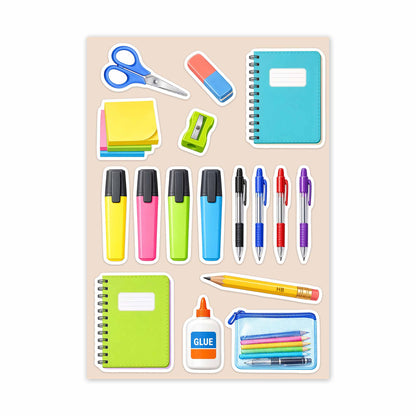 A sheet of stationery stickers on a light beige background, including pencils, pens, highlighters, a notebook, scissors, sharpner, rubber, a pencil case, sticky notes, and glue.