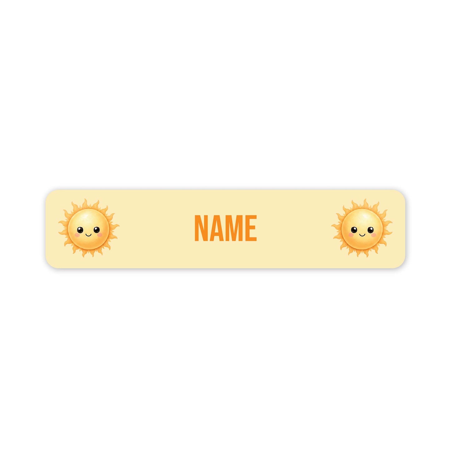 A horizontal pale yellow name tag with rounded corners, featuring two cute smiling sun illustrations on the left and right sides and the customisable word 'NAME' in orange centered in the middle, shown on a white background.