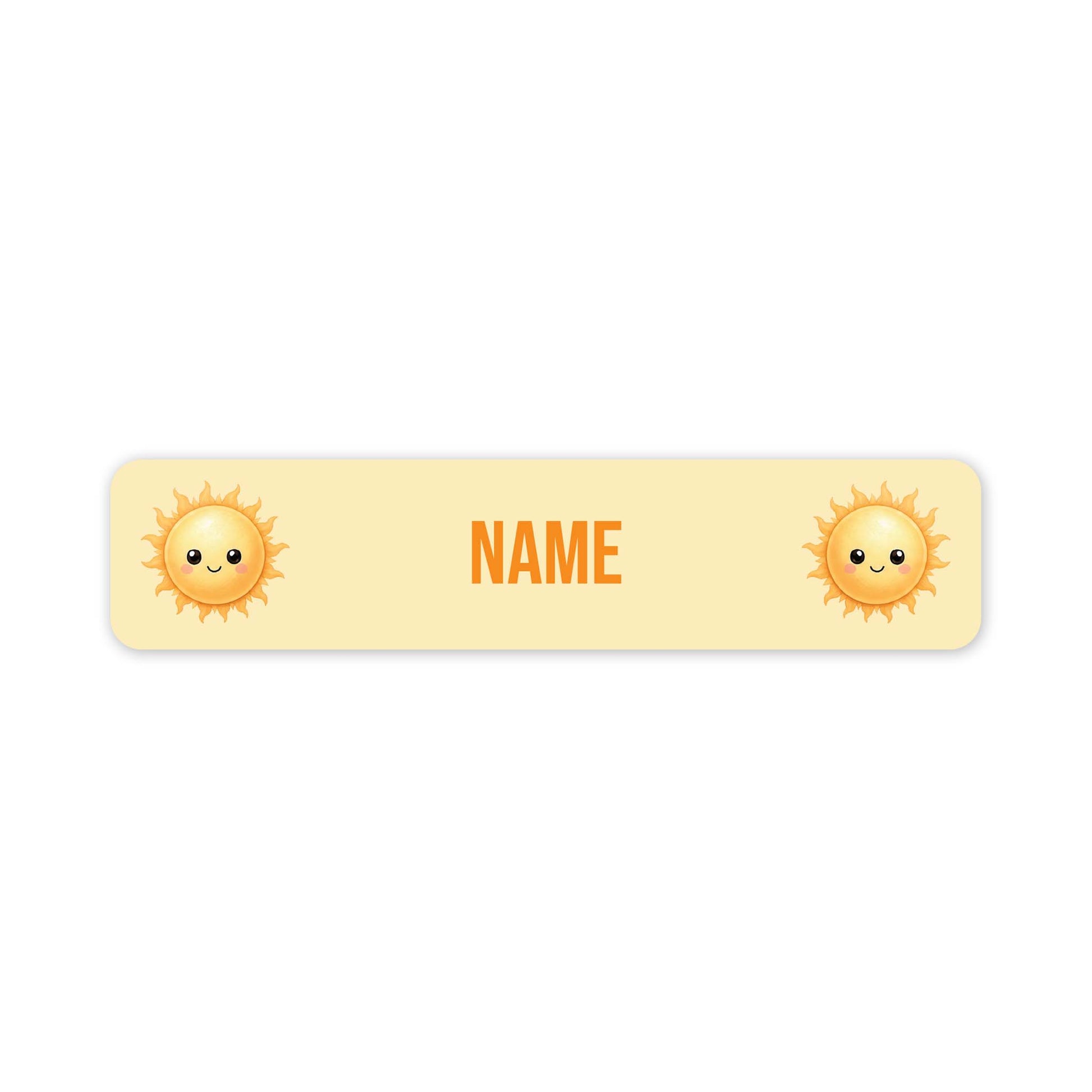 A horizontal pale yellow name tag with rounded corners, featuring two cute smiling sun illustrations on the left and right sides and the customisable word 'NAME' in orange centered in the middle, shown on a white background.