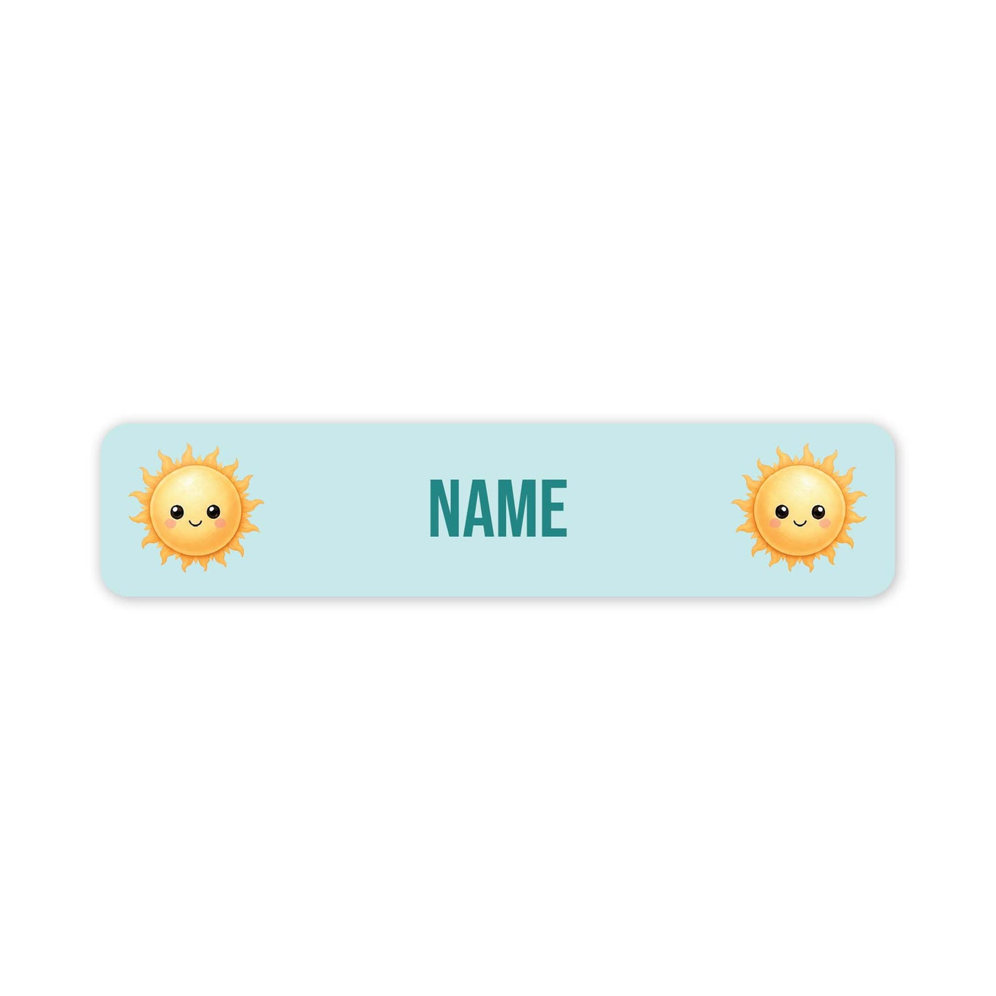 A horizontal light blue personalised name label with rounded corners, featuring two cute yellow smiling sun icons on the left and right sides and the customisable word 'NAME' in teal in the centre, shown on a plain white background.