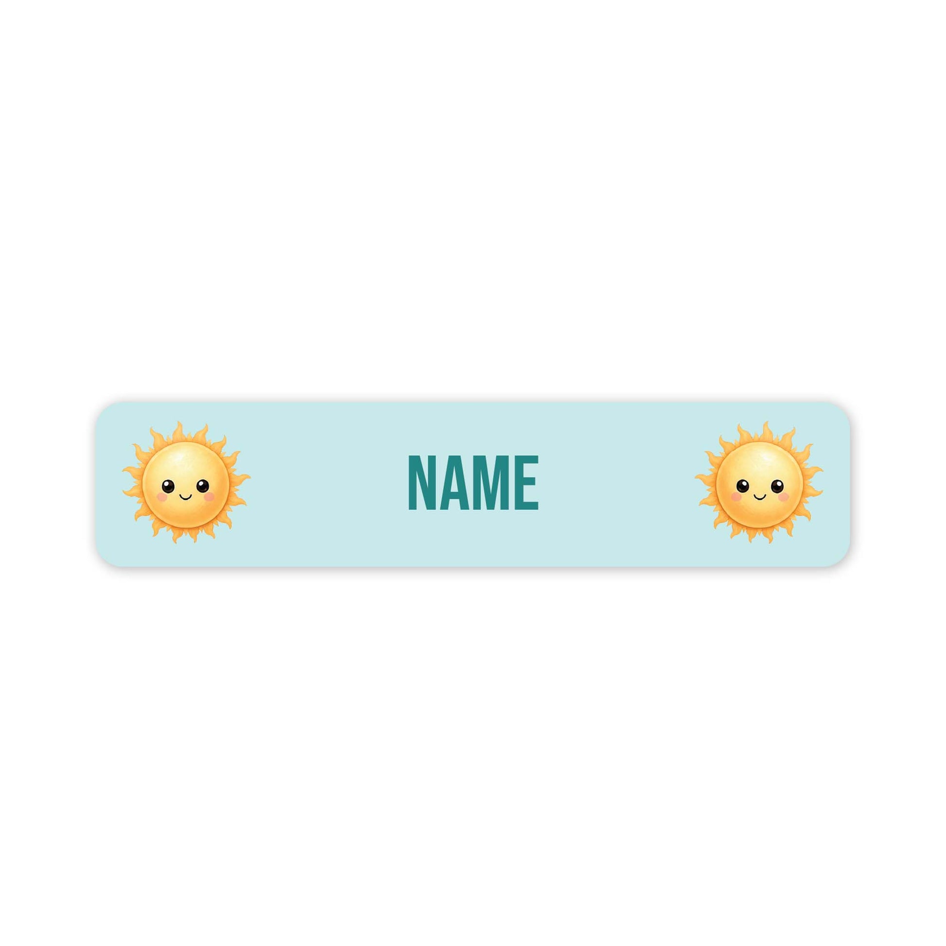 A horizontal light blue personalised name label with rounded corners, featuring two cute yellow smiling sun icons on the left and right sides and the customisable word 'NAME' in teal in the centre, shown on a plain white background.