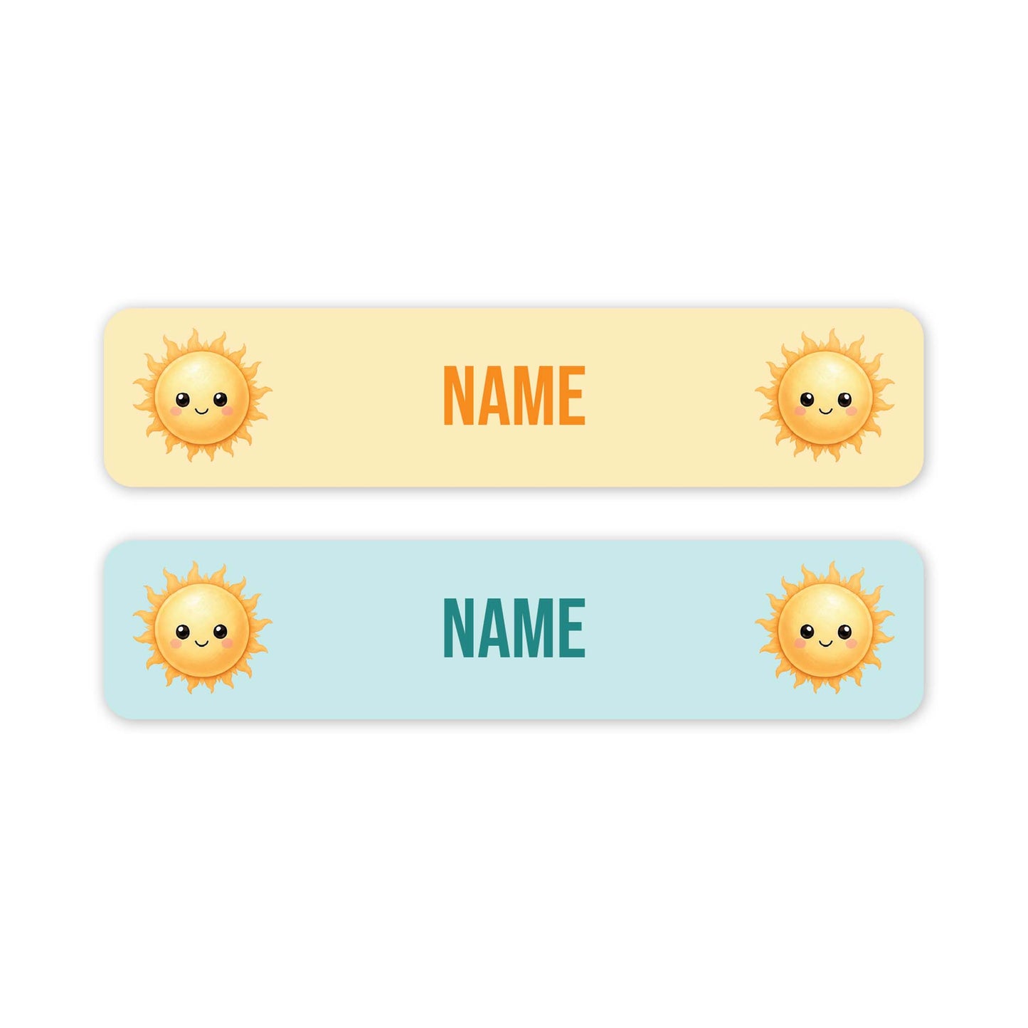 Two horizontal name tags with rounded corners on a white background. The top tag is pale yellow and bottom is pale blue, both have orange cartoon sun icons on both side. Both labels have customisable 'NAME' in the centre.