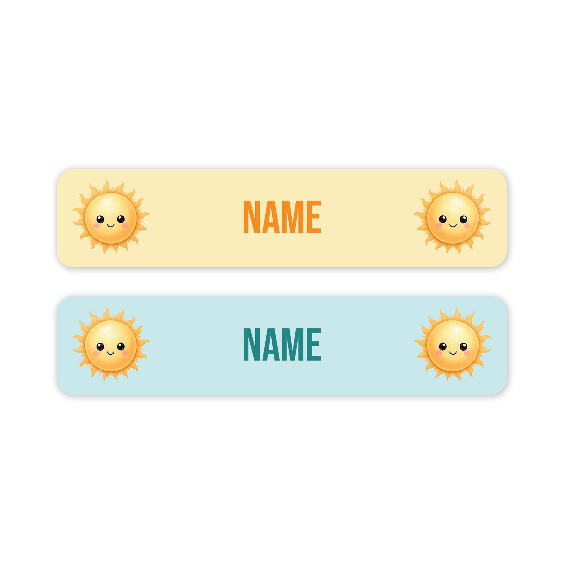 Two horizontal name tags with rounded corners on a white background. The top tag is pale yellow and bottom is pale blue, both have orange cartoon sun icons on both side. Both labels have customisable 'NAME' in the centre.