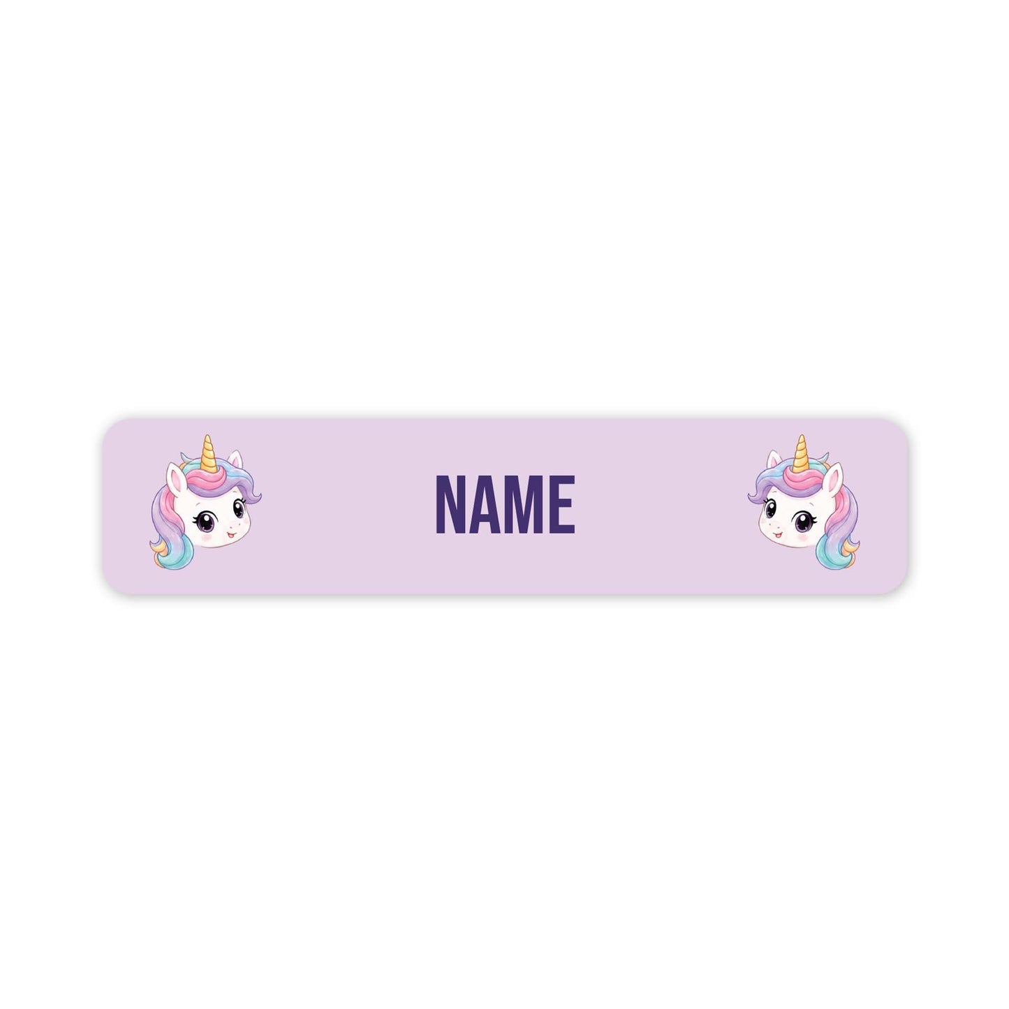 A horizontal lavender name tag or label with rounded corners, featuring two cartoon unicorn illustrations and the word 'NAME' in the center for personalization.