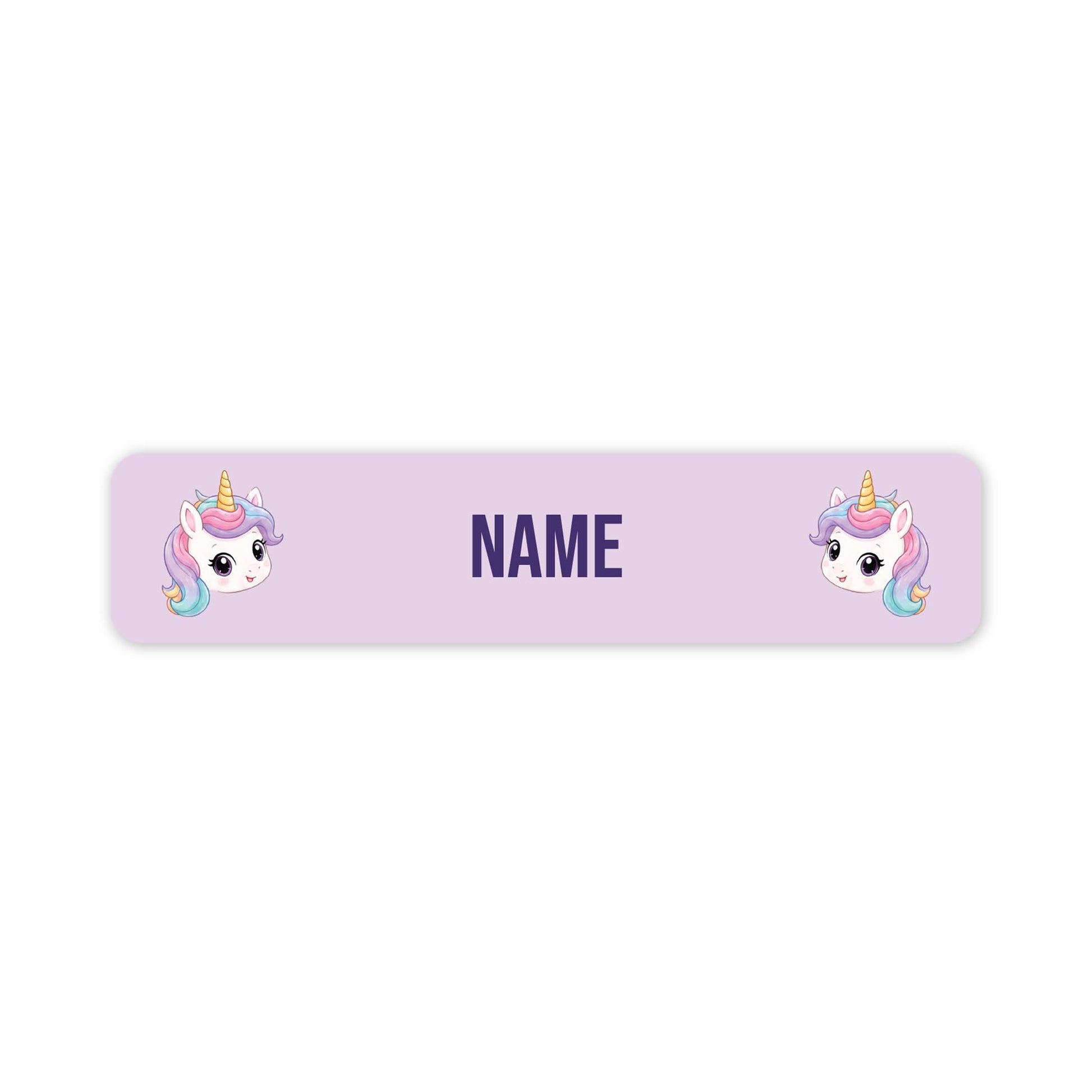 A horizontal lavender name tag or label with rounded corners, featuring two cartoon unicorn illustrations and the word 'NAME' in the center for personalization.