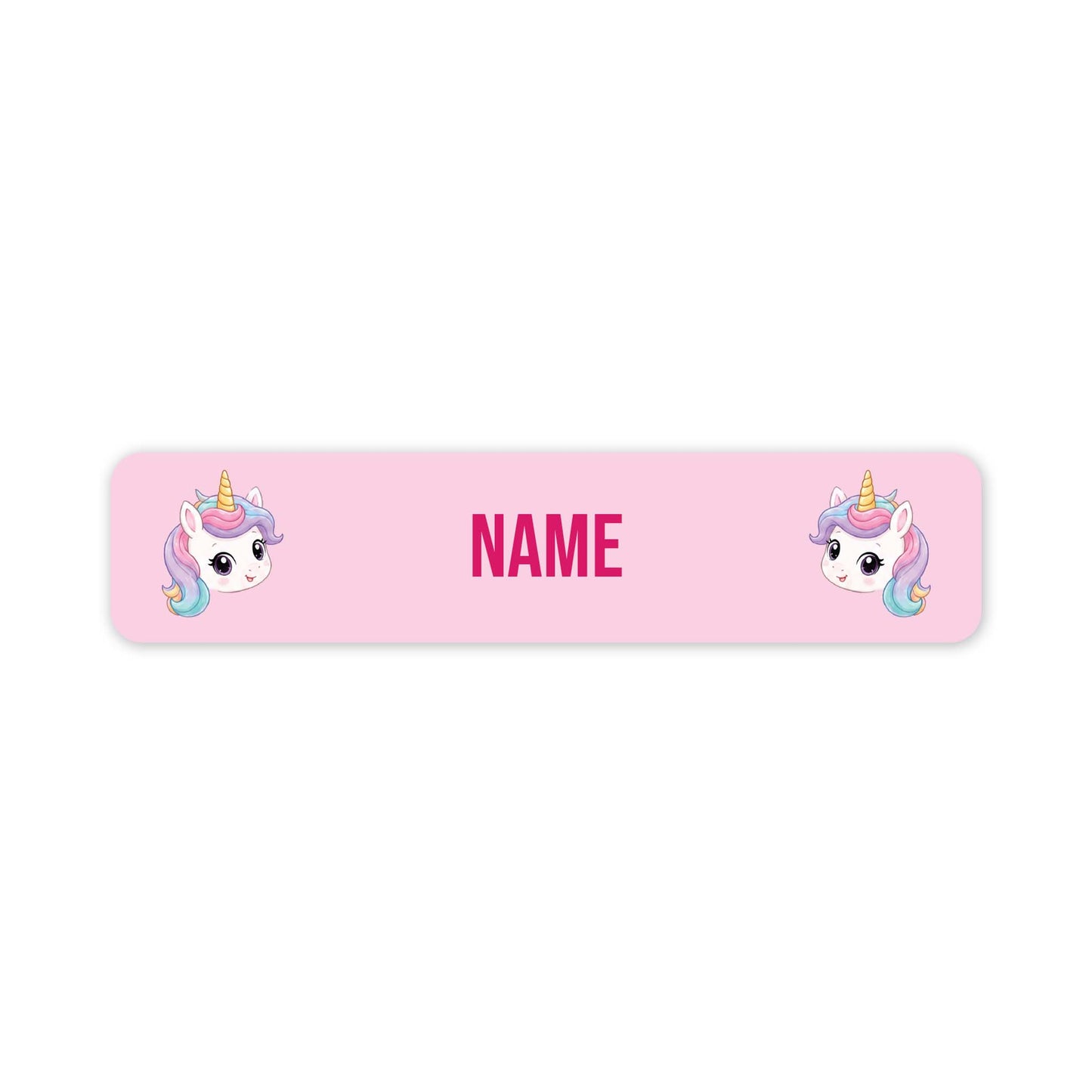 A pink rectangular name label with rounded corners, featuring two cartoon unicorn faces and the word 'NAME' in the center, shown on a plain white background.