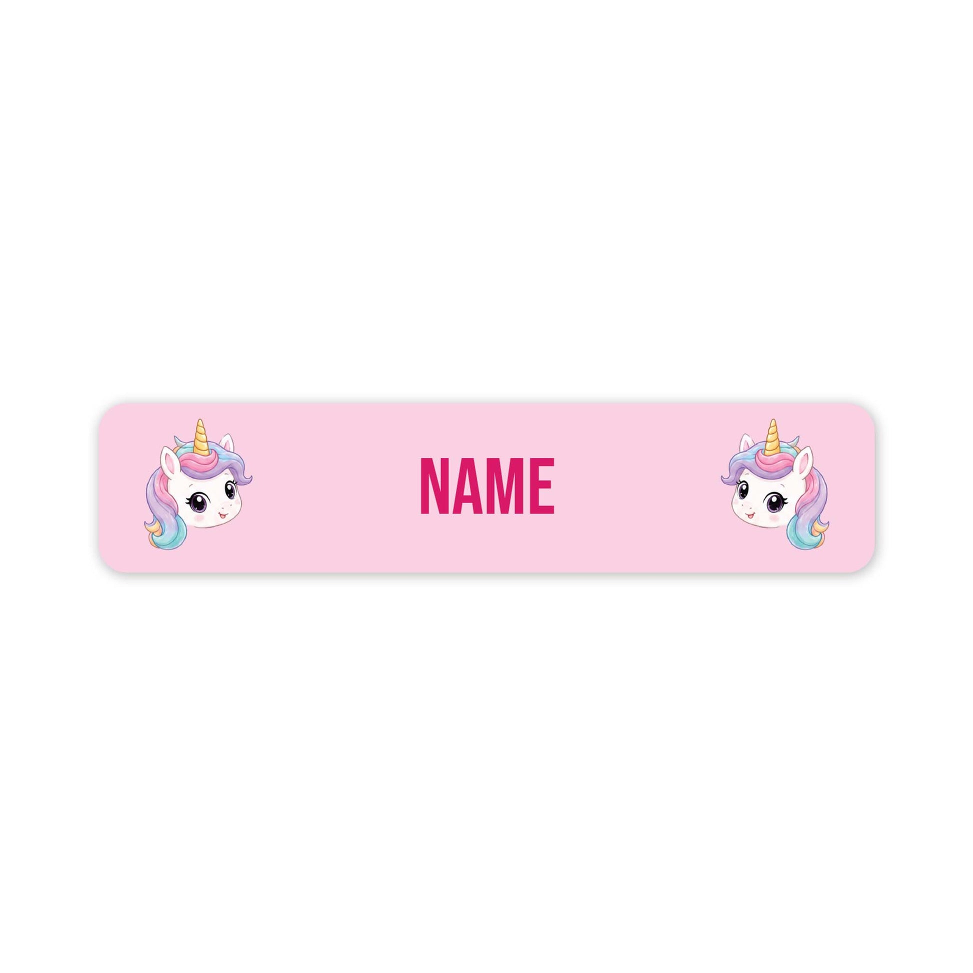 A pink rectangular name label with rounded corners, featuring two cartoon unicorn faces and the word 'NAME' in the center, shown on a plain white background.