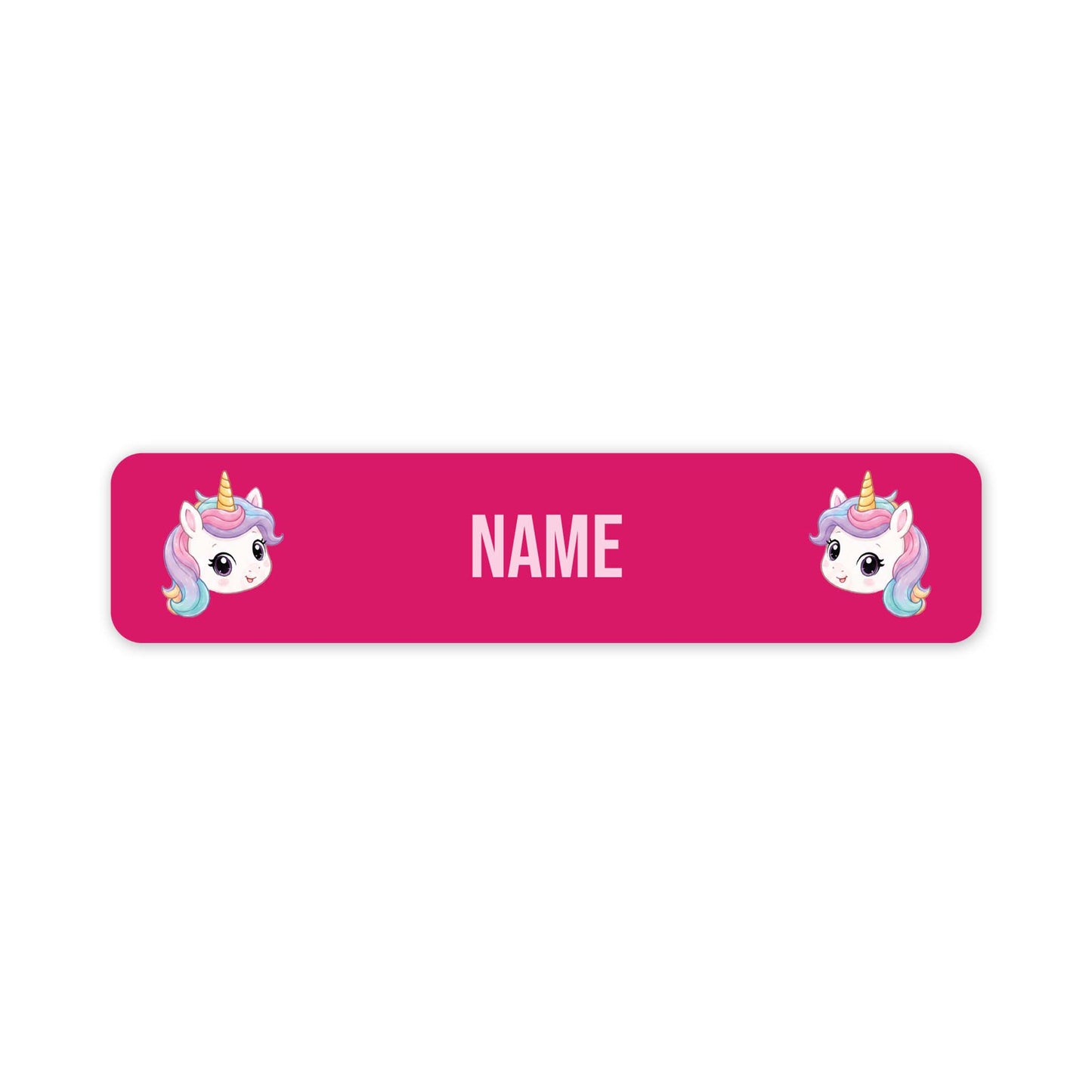 A pink rectangular name tag with rounded corners, featuring two cartoon unicorn illustrations on the left and right sides and the word 'NAME' in the center for personalization.