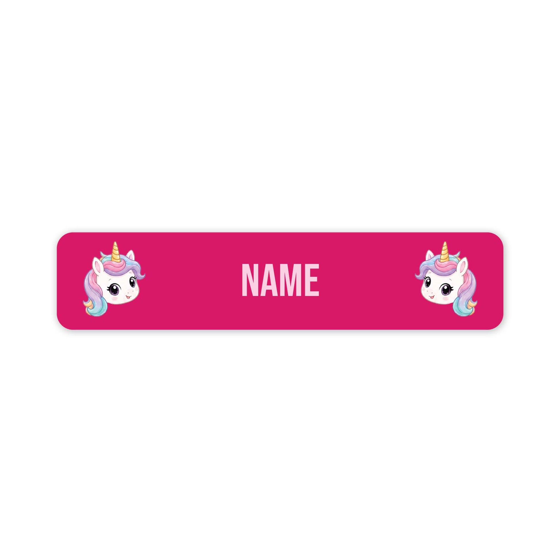 A pink rectangular name tag with rounded corners, featuring two cartoon unicorn illustrations on the left and right sides and the word 'NAME' in the center for personalization.