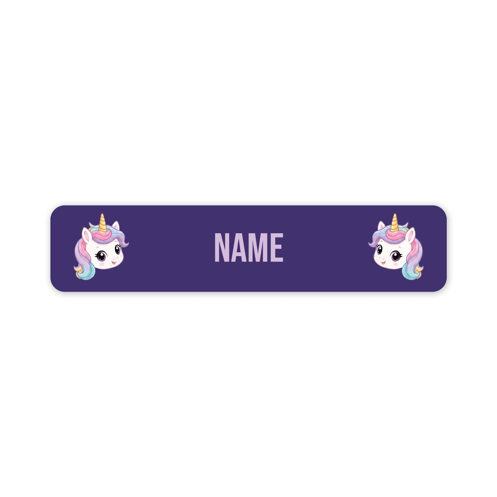 A purple rectangular name tag with rounded corners, featuring two cartoon unicorn illustrations on the left and right sides and the word 'NAME' in the center for personalization.