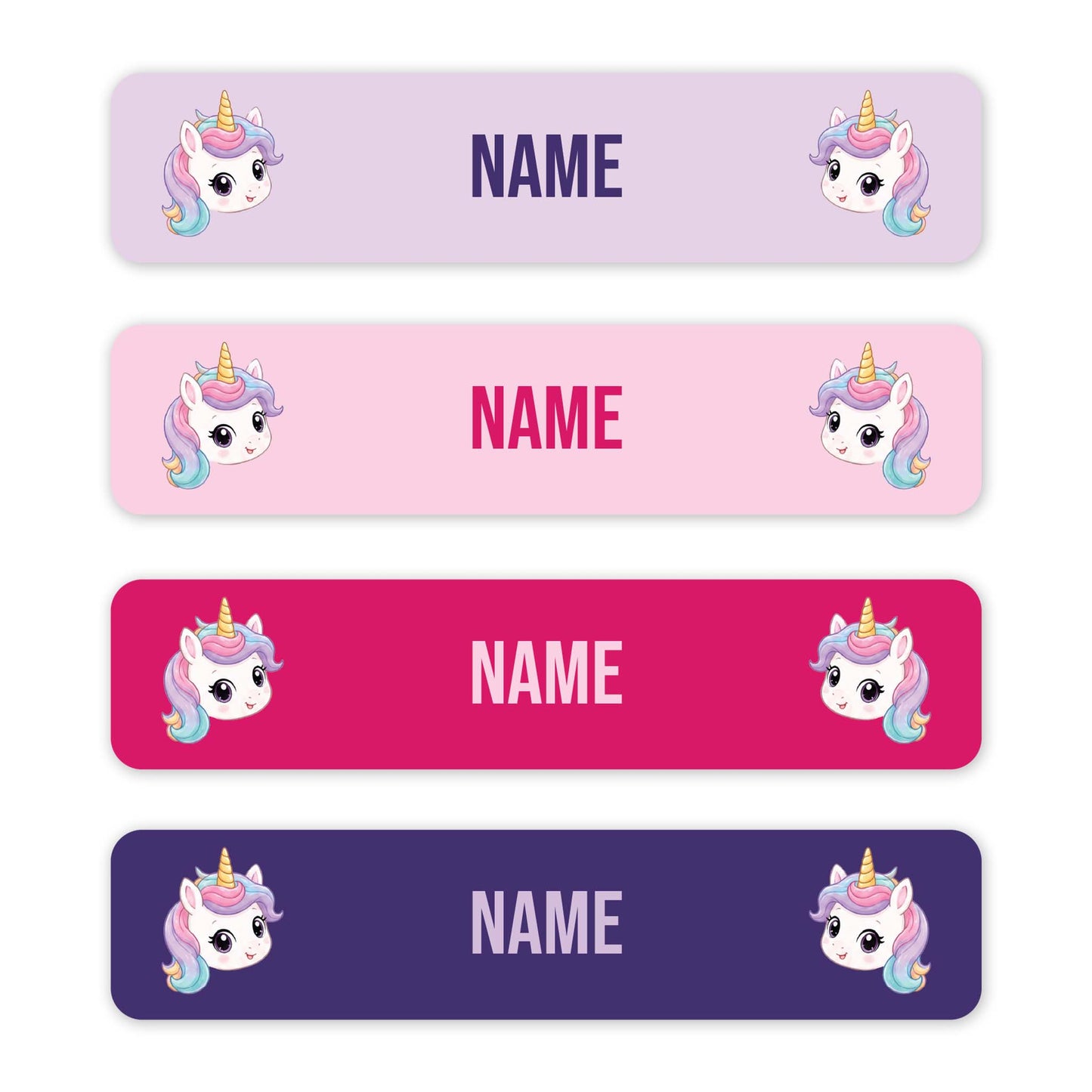 Four horizontal unicorn-themed name tags in pastel lavender, pink, magenta, and deep purple, each with cartoon unicorn illustrations and the placeholder text 'NAME' in the center.