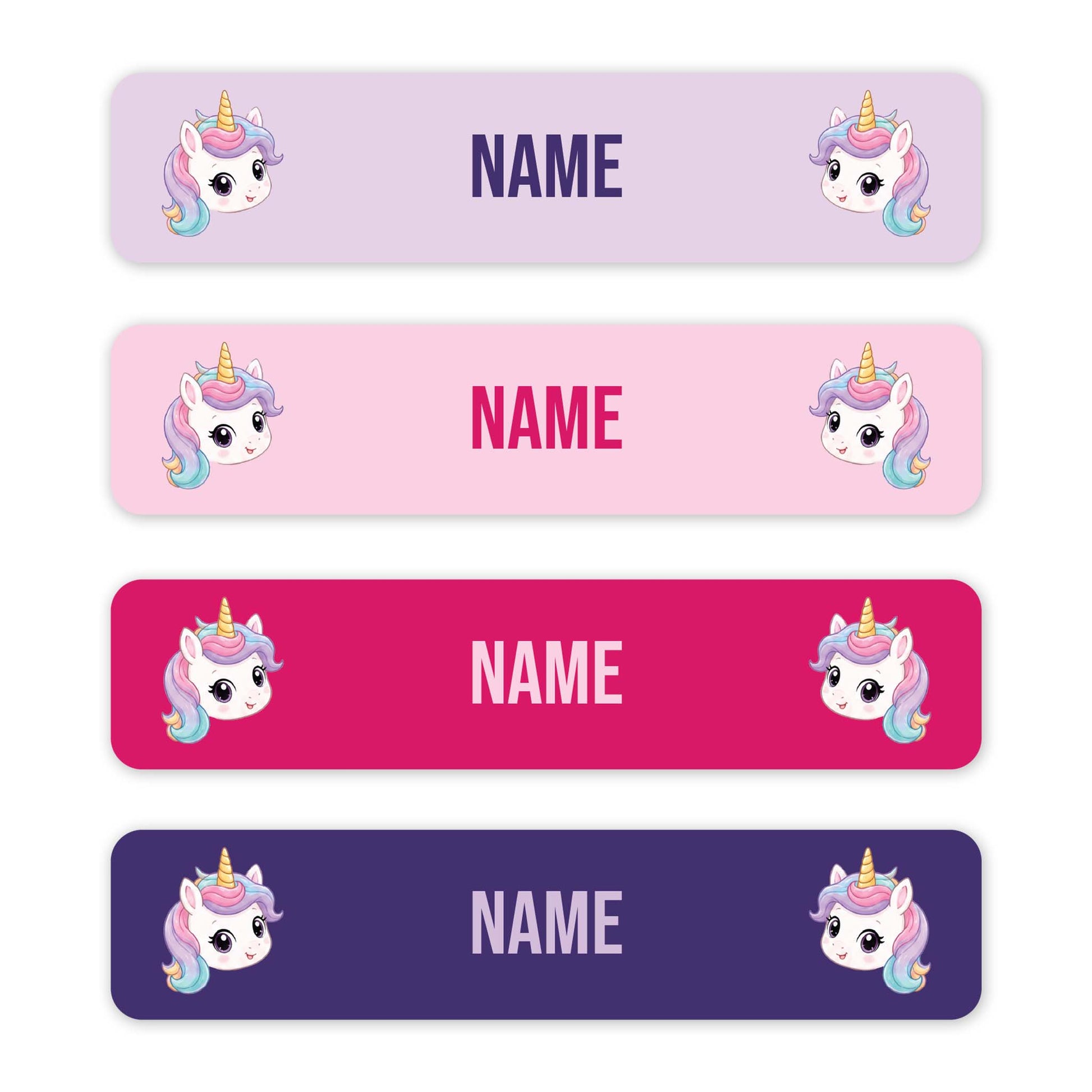Four horizontal unicorn-themed name tags in pastel lavender, pink, magenta, and deep purple, each with cartoon unicorn illustrations and the placeholder text 'NAME' in the center.