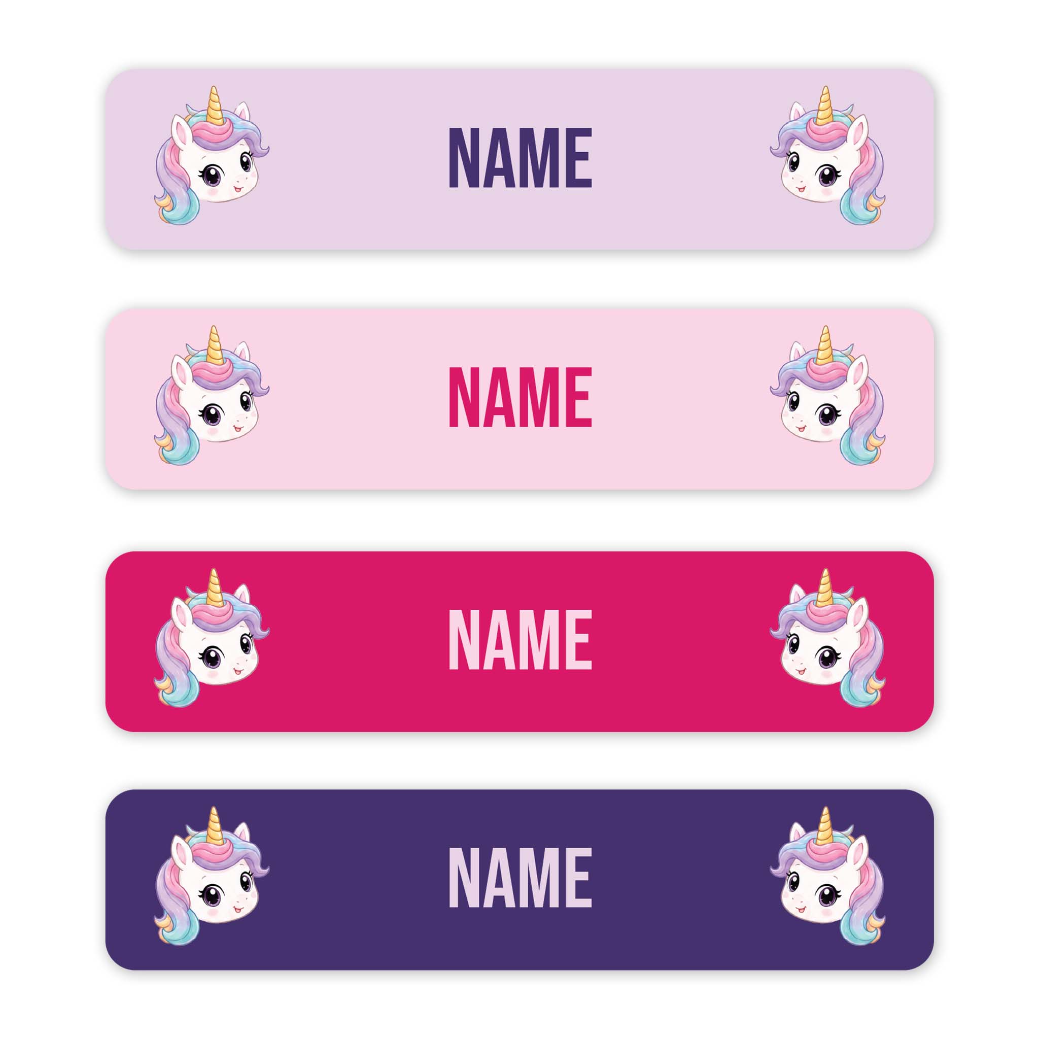 Four horizontal unicorn-themed name tags in pastel lavender, pink, magenta, and deep purple, each with cartoon unicorn illustrations and the placeholder text 'NAME' in the center.