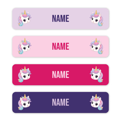 Four horizontal unicorn-themed name tags in pastel lavender, pink, magenta, and deep purple, each with cartoon unicorn illustrations and the placeholder text 'NAME' in the center.
