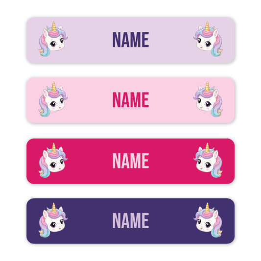 Four horizontal unicorn-themed name tags in pastel lavender, pink, magenta, and deep purple, each with cartoon unicorn illustrations and the placeholder text 'NAME' in the center.